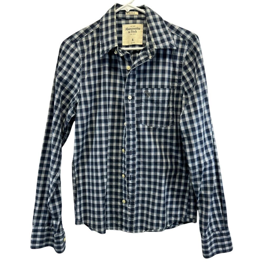Abercrombie & Fitch Muscle Mens Button Up Shirt Blue‎ Charcoal Plaid Small L/S
